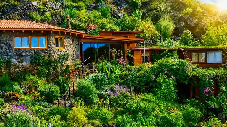 Von Blumen umrahmte Eco-Lodges in unberührter Natur für Dein Detox Yoga Retreat auf den Kanaren.