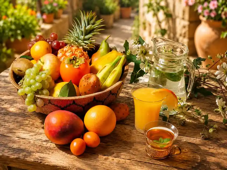 Frische tropische Früchte, Orangensaft und Kräutertee für gesundes Fasten im Detox Yoga Retreat auf La Palma.