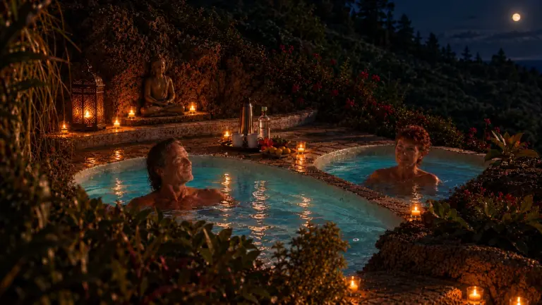 Idyllischer Wellness-Pool unter dem Sternenhimmel mit liebevoller Dekoration in der Eco Spa Oase auf La Palma.