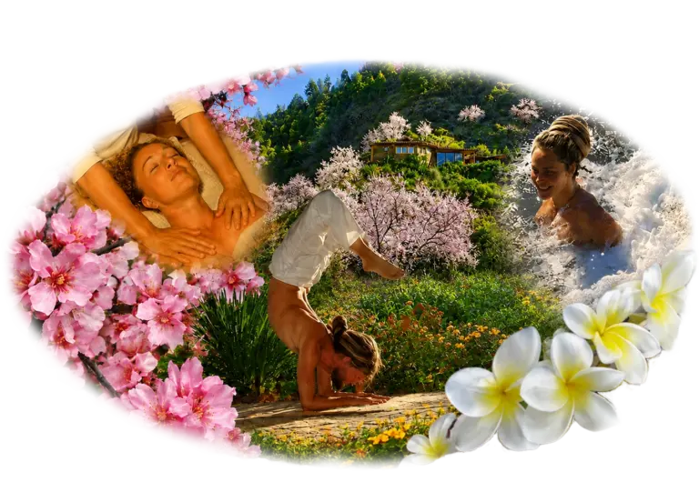 Retiro de yoga en Canarias: un collage con imágenes de masajes, bienestar y yoga en el oasis Vidyamor, en La Palma, rodeado de flores de almendro y de frangipani.